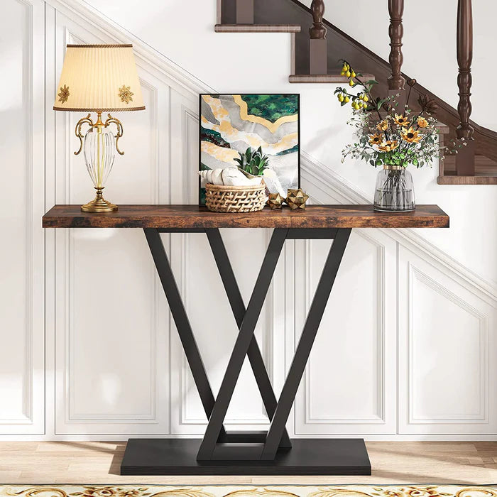43-Inch Industrial Console Table for Entryway and Hallway: Rustic Wood and Metal Entry Table