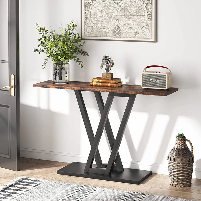 43-Inch Industrial Console Table for Entryway and Hallway: Rustic Wood and Metal Entry Table