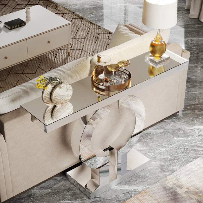 110 cm Mirrored Console Table, Modern Silver Sofa Table with O-Shaped Base - Viridian HM Limited