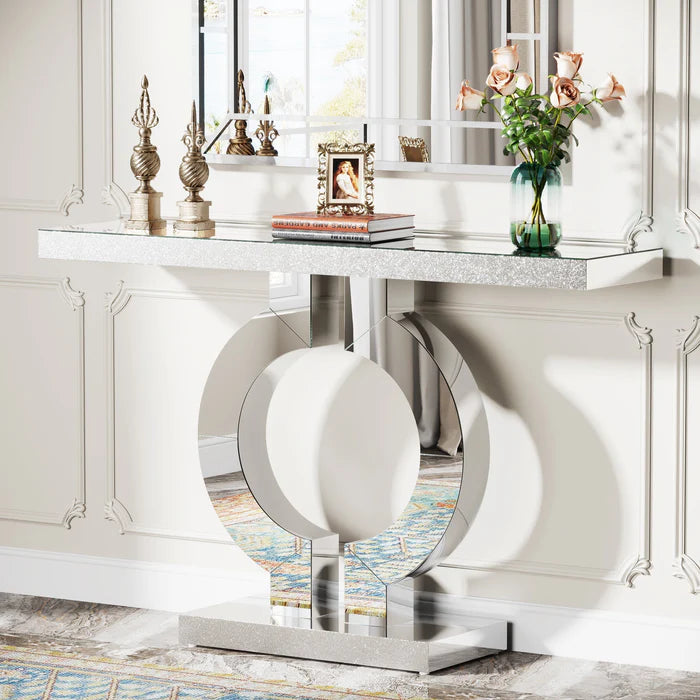 110 cm Mirrored Console Table, Modern Silver Sofa Table with O-Shaped Base - Viridian HM Limited