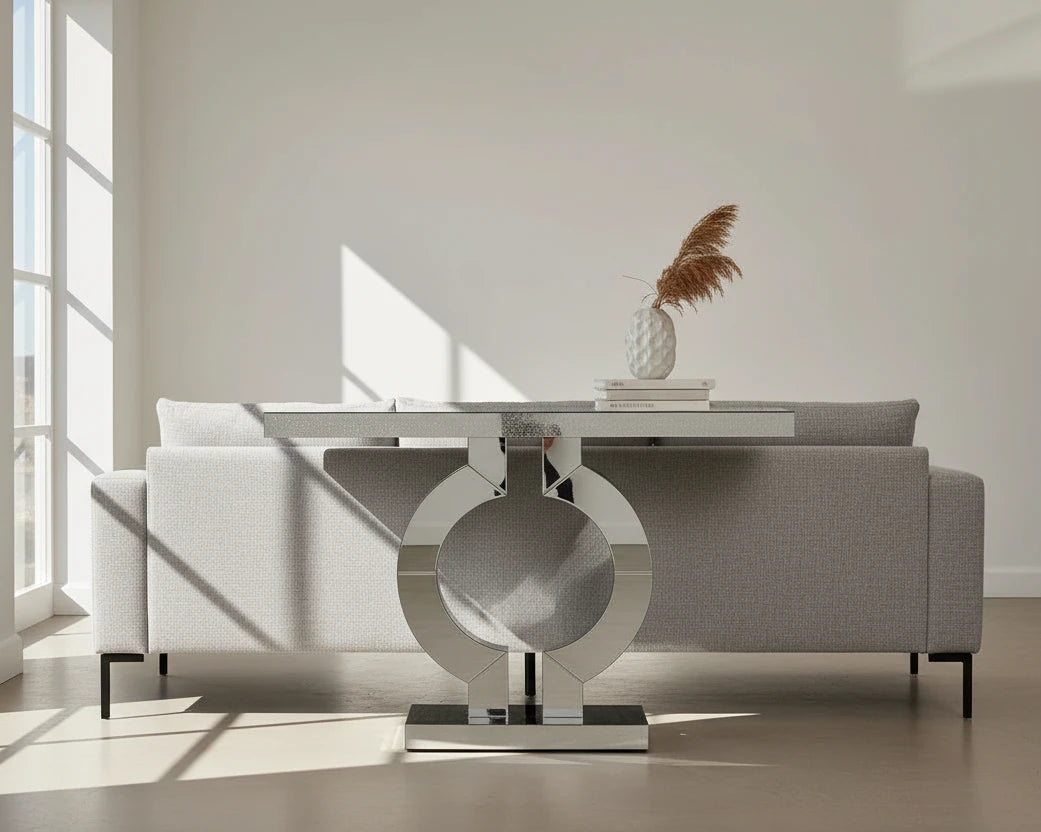 110cm Mirrored Console Table, Modern Silver Console Table with O-Shaped Base