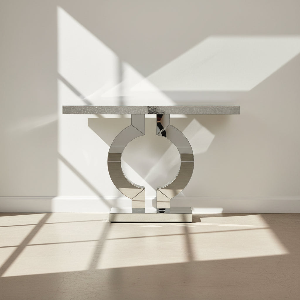 110 cm Mirrored Console Table, Modern Silver Sofa Table with O-Shaped Base - Viridian HM Limited