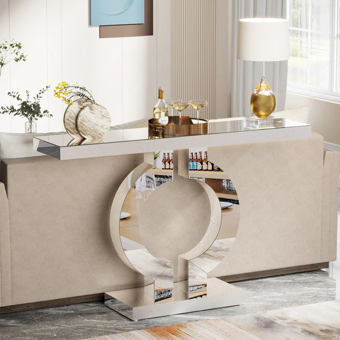 110 cm Mirrored Console Table, Modern Silver Sofa Table with O-Shaped Base - Viridian HM Limited