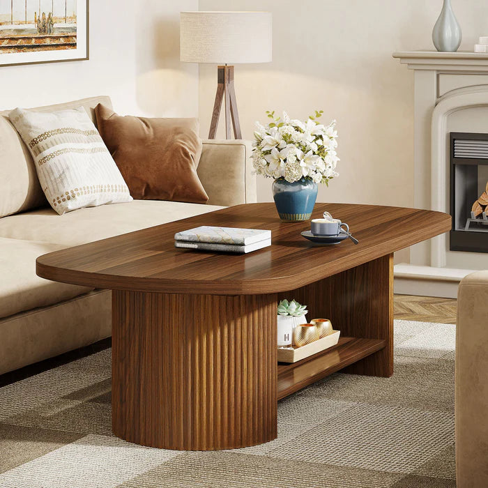 Modern Oval Walnut Coffee Table - Fluted Pedestal Base with Storage Shelf Viridian HM Limited