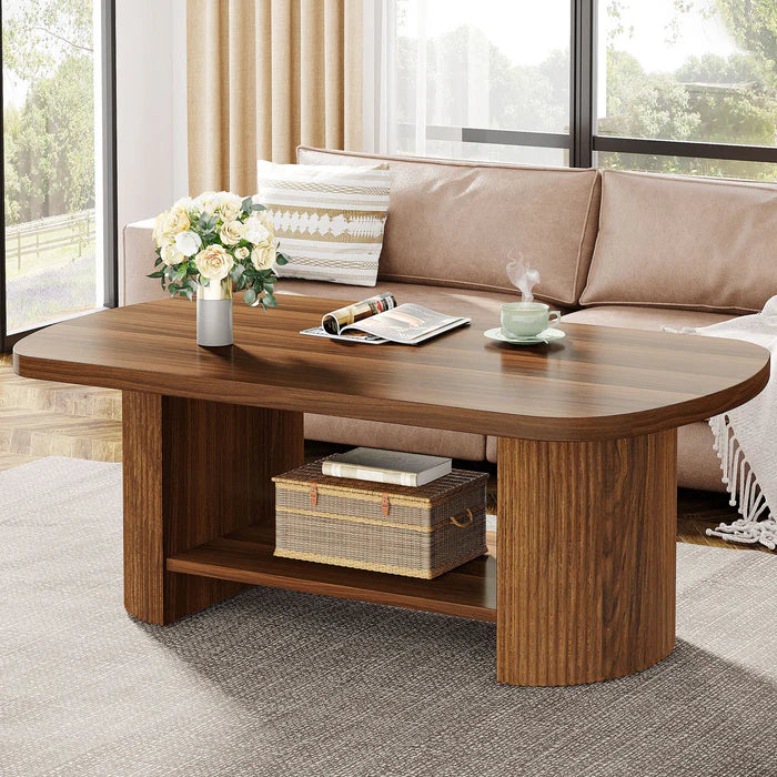 Modern Oval Walnut Coffee Table - Fluted Pedestal Base with Storage Shelf Viridian HM Limited
