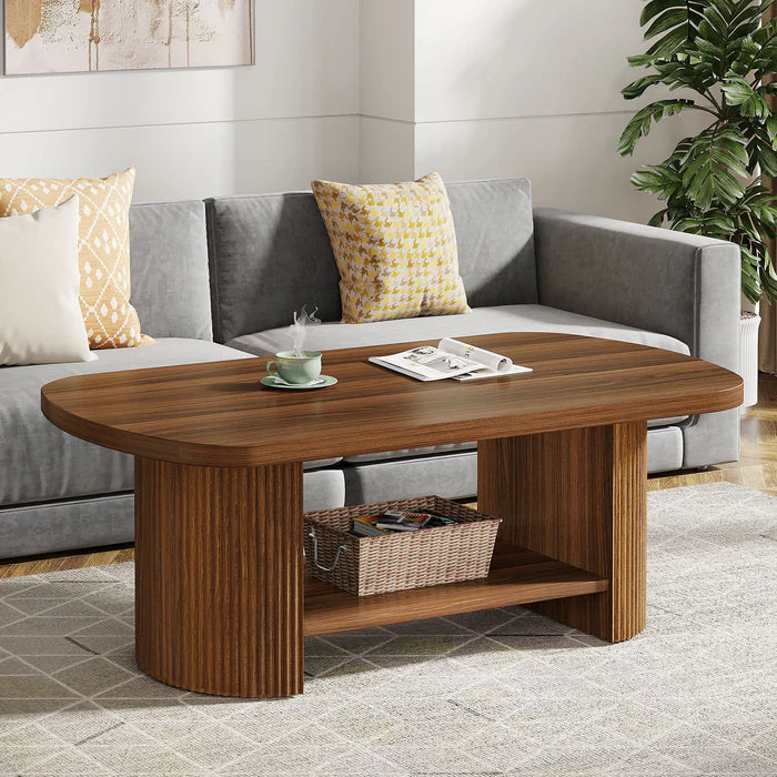 Modern Oval Walnut Coffee Table - Fluted Pedestal Base with Storage Shelf Viridian HM Limited