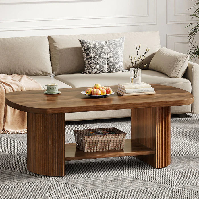 Modern Oval Walnut Coffee Table - Fluted Pedestal Base with Storage Shelf Viridian HM Limited