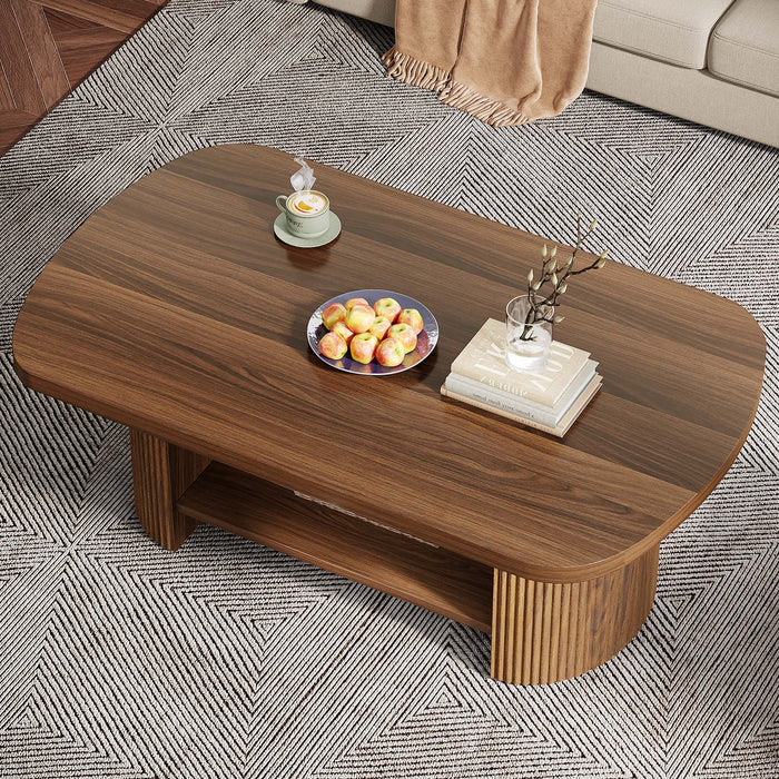 Modern Oval Walnut Coffee Table - Fluted Pedestal Base with Storage Shelf Viridian HM Limited