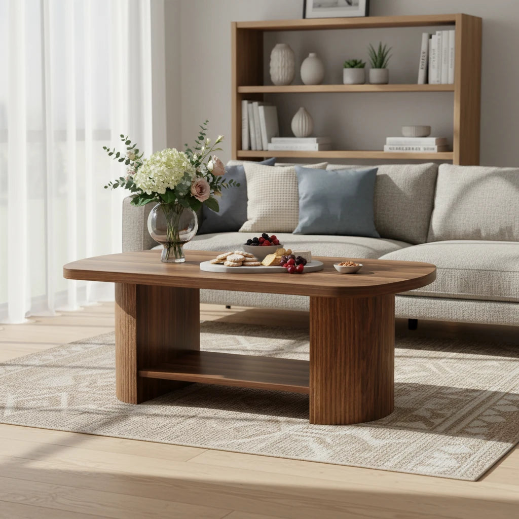 Modern Oval Walnut Coffee Table - Fluted Pedestal Base with Storage Shelf