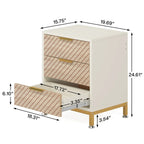 Modern two-drawer nightstand with gold legs, wood texture, and dimension measurements.