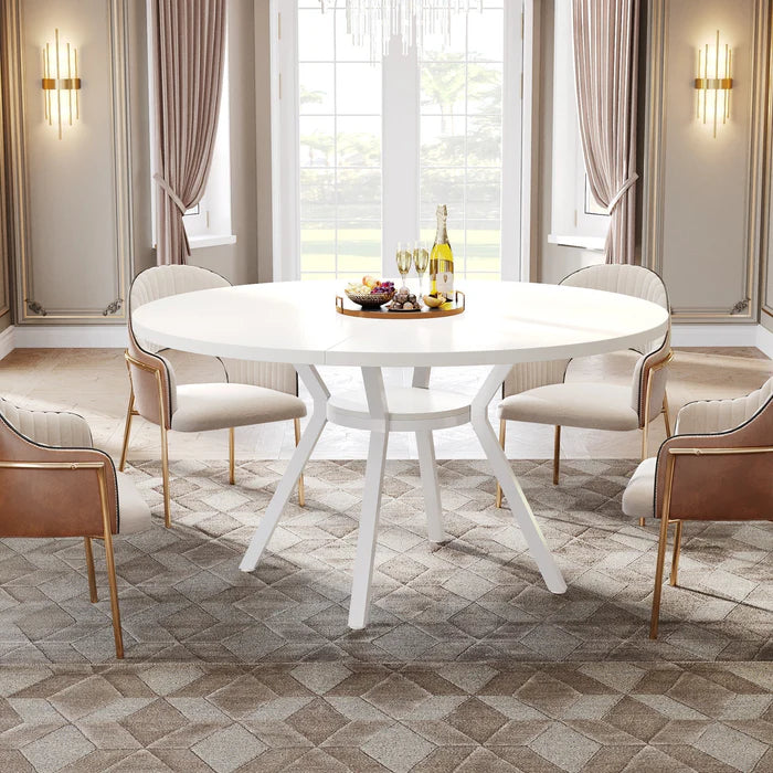 Modern White Round Dining Table - Minimalist Pedestal Base with Lower Shelf Viridian HM Limited