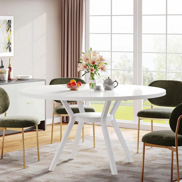 Modern White Round Dining Table - Minimalist Pedestal Base with Lower Shelf Viridian HM Limited
