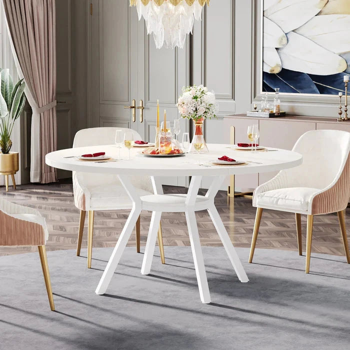 Modern White Round Dining Table - Minimalist Pedestal Base with Lower Shelf Viridian HM Limited