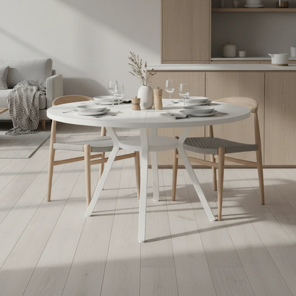 Modern White Round Dining Table - Minimalist Pedestal Base with Lower Shelf