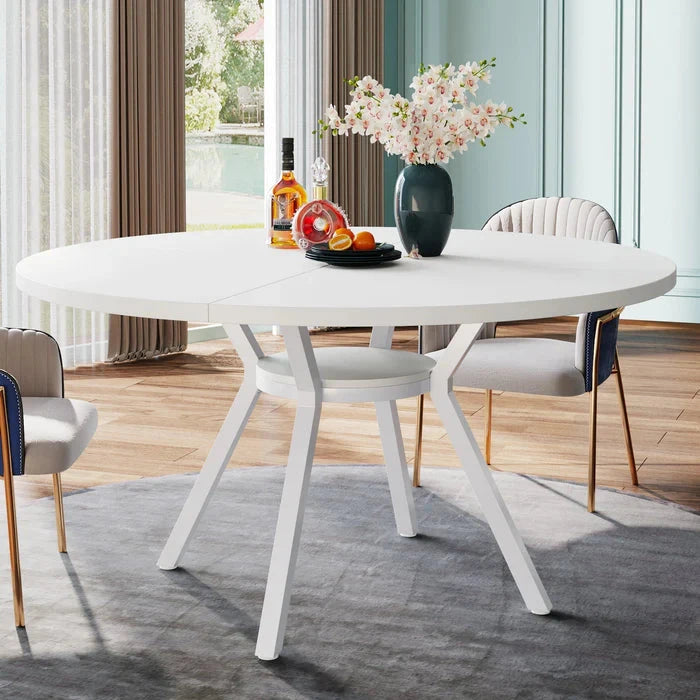 Modern White Round Dining Table - Minimalist Pedestal Base with Lower Shelf Viridian HM Limited