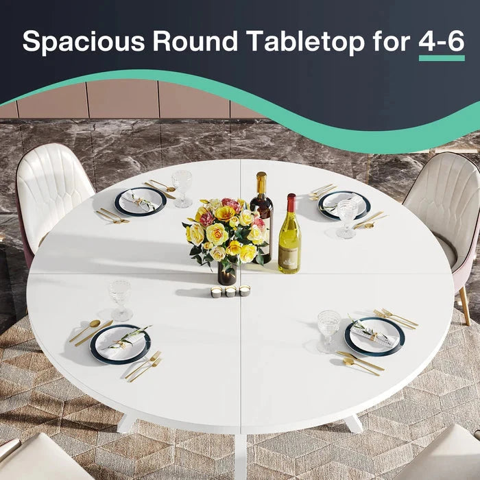 Modern White Round Dining Table - Minimalist Pedestal Base with Lower Shelf Viridian HM Limited