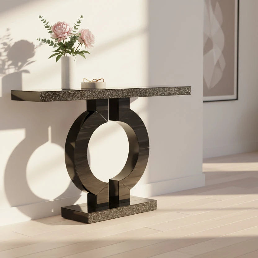 Modern Black Marble-Effect Console Table - Sculptural Entryway & Sofa Table Viridian HM Limited