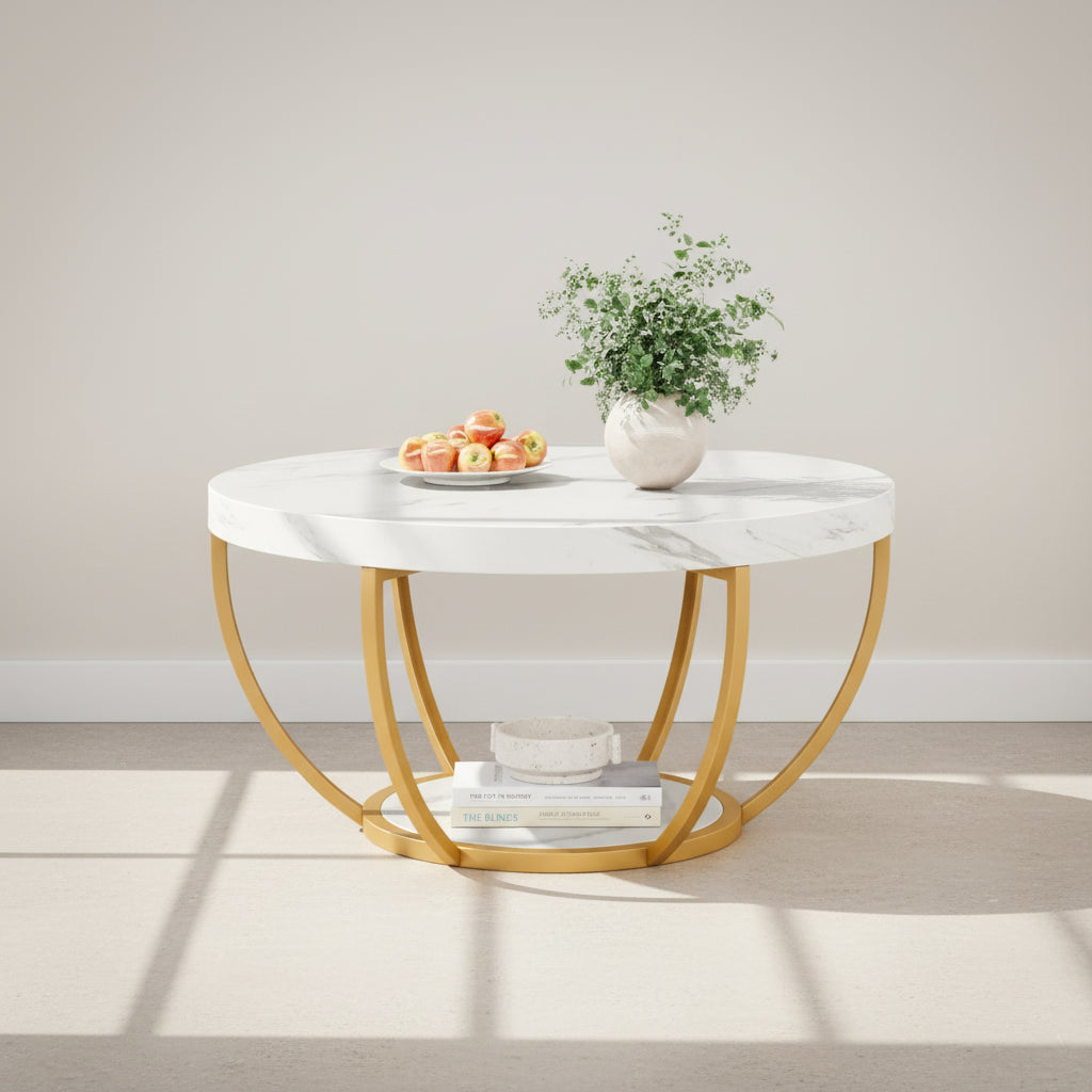 Round Wooden Coffee Table with 2-Tier Shelves - Viridian HM Limited