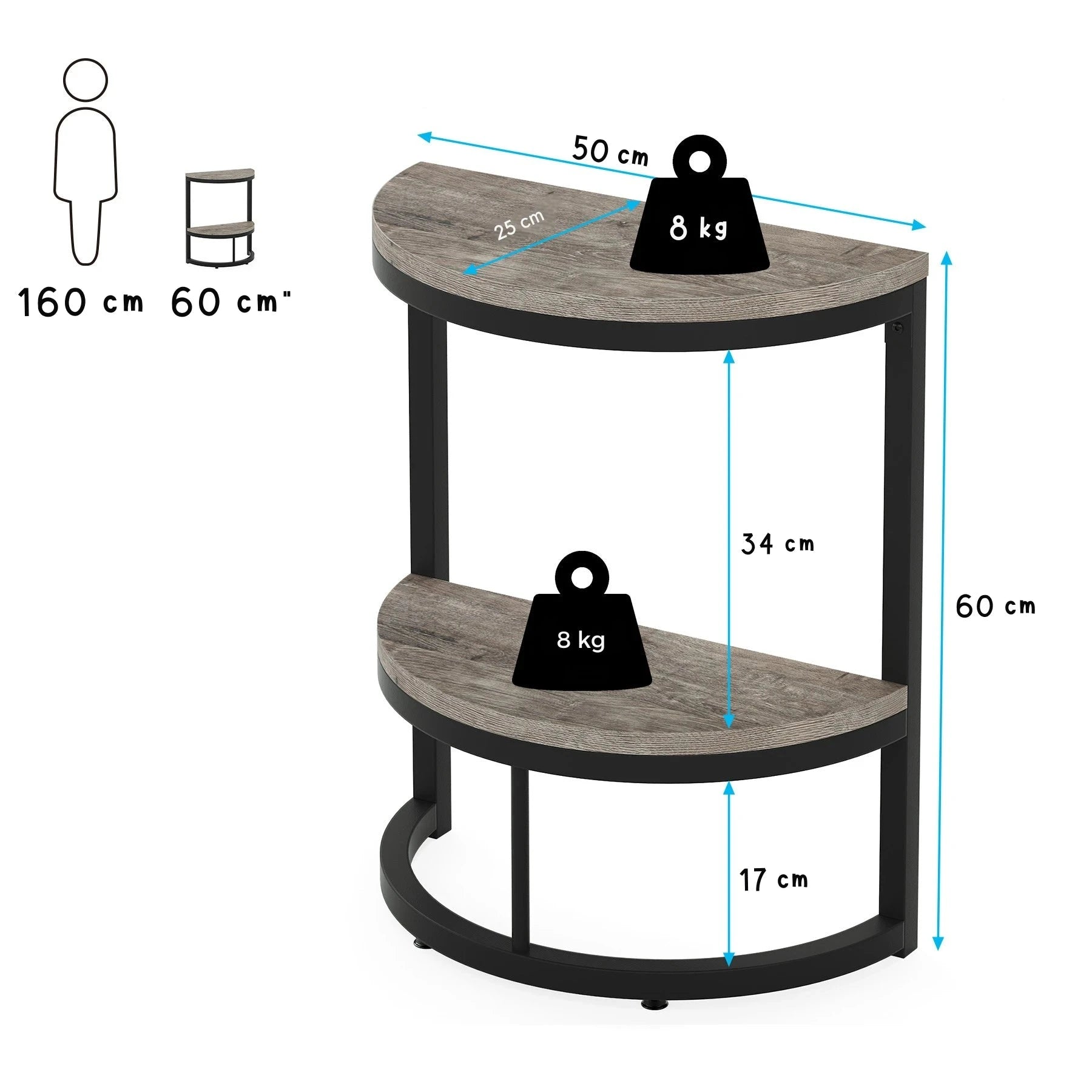 Industrial Half-Moon Side Table - Entryway & End Table with 2-Tier Storage Viridian HM Limited