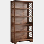 Classic Walnut 5-Tier Bookshelf - Traditional Library Display with Lattice Side Panels Viridian HM Limited