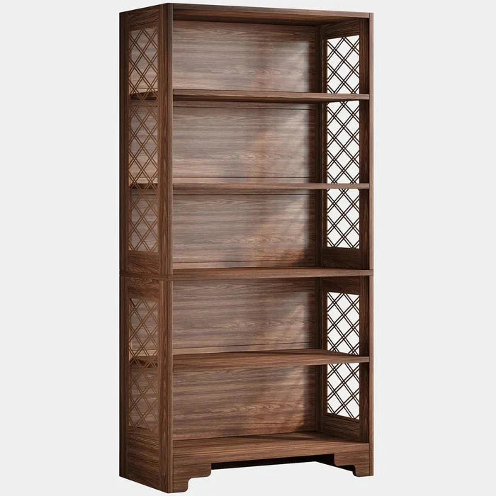 Classic Walnut 5-Tier Bookshelf - Traditional Library Display with Lattice Side Panels Viridian HM Limited