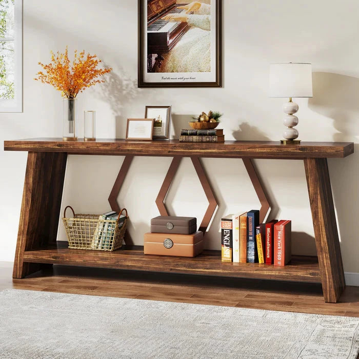 Rustic Walnut Console Table - Extra Long Entryway & Sofa Table with Geometric Metal Accents Viridian HM Limited