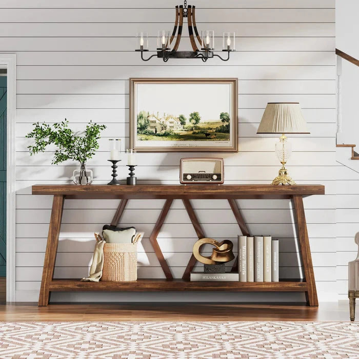Rustic Walnut Console Table - Extra Long Entryway & Sofa Table with Geometric Metal Accents Viridian HM Limited
