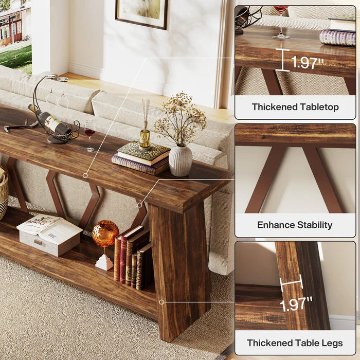 Rustic Walnut Console Table - Extra Long Entryway & Sofa Table with Geometric Metal Accents Viridian HM Limited