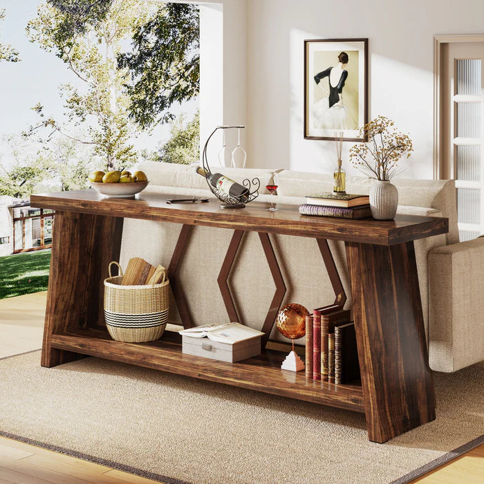 Rustic Walnut Console Table - Extra Long Entryway & Sofa Table with Geometric Metal Accents Viridian HM Limited