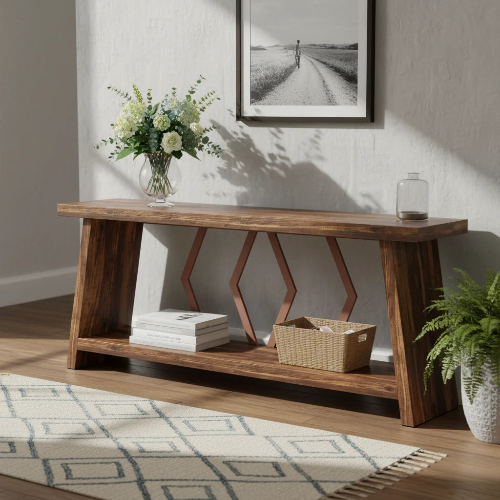 180cm Rustic Walnut Console Table - Entryway & Sofa Table with Geometric Accents