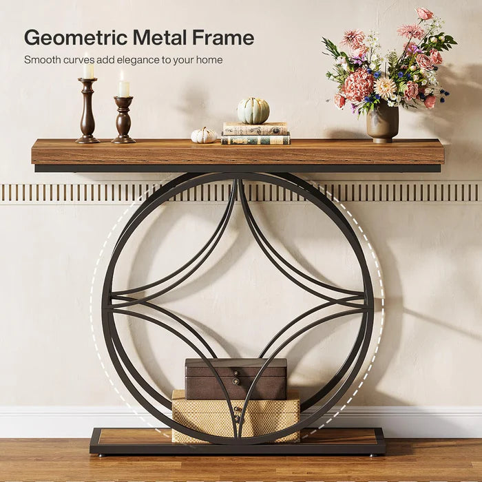 47" Industrial Console Table - 2-Tier Sofa Table with Geometric Metal Frame & Storage, Rustic Brown