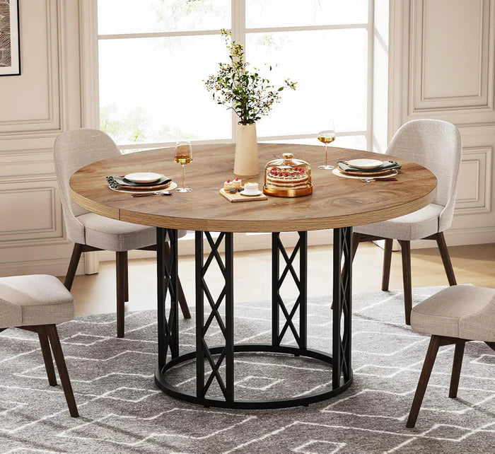 Industrial Round Dining Table - Rustic Wood Top with X-Frame Metal Pedestal Viridian HM Limited