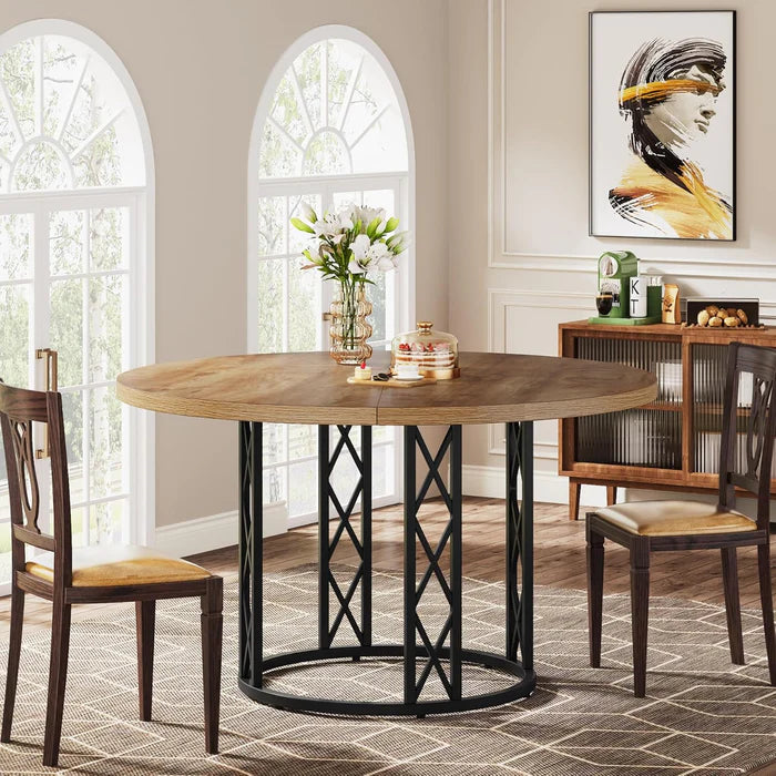 Industrial Round Dining Table - Rustic Wood Top with X-Frame Metal Pedestal Viridian HM Limited