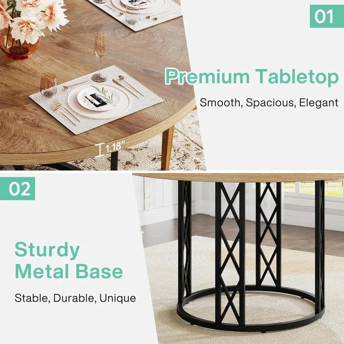 Industrial Round Dining Table - Rustic Wood Top with X-Frame Metal Pedestal Viridian HM Limited
