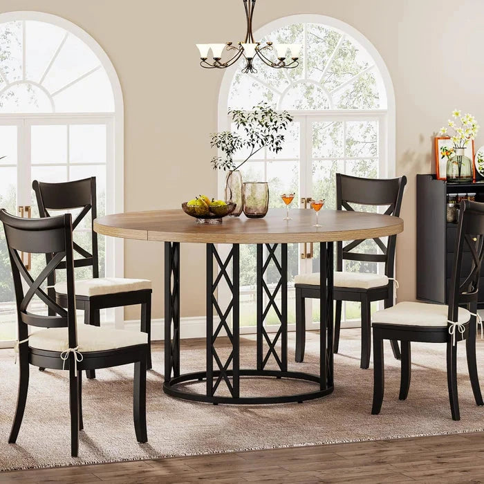 Industrial Round Dining Table - Rustic Wood Top with X-Frame Metal Pedestal Viridian HM Limited