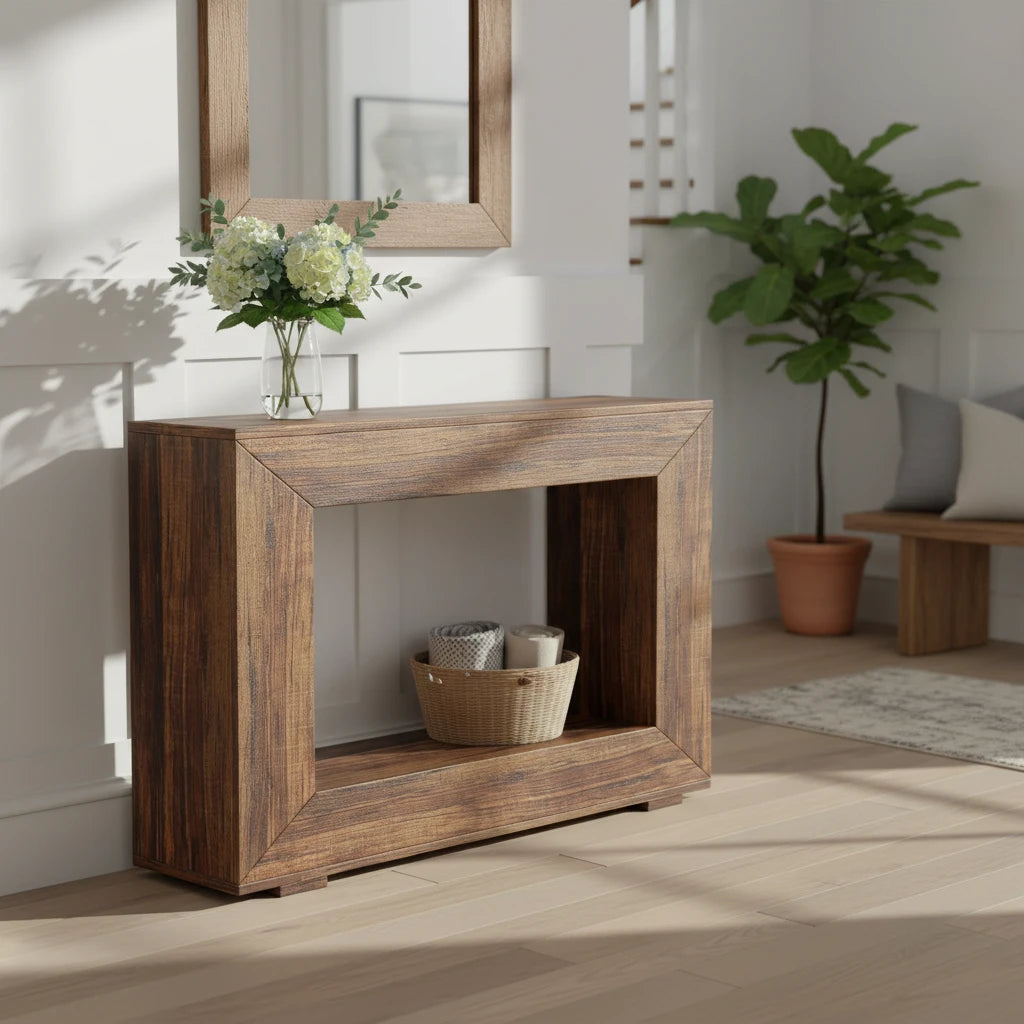 120cm Modern Rustic Console Table - Bold Hollow Geometric Entryway & Accent Sideboard