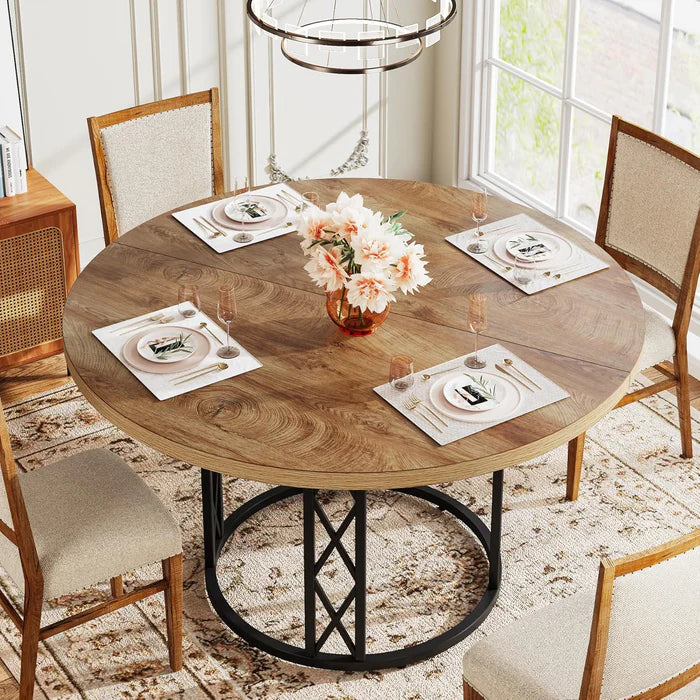 Industrial Round Dining Table - Rustic Wood Top with X-Frame Metal Pedestal Viridian HM Limited