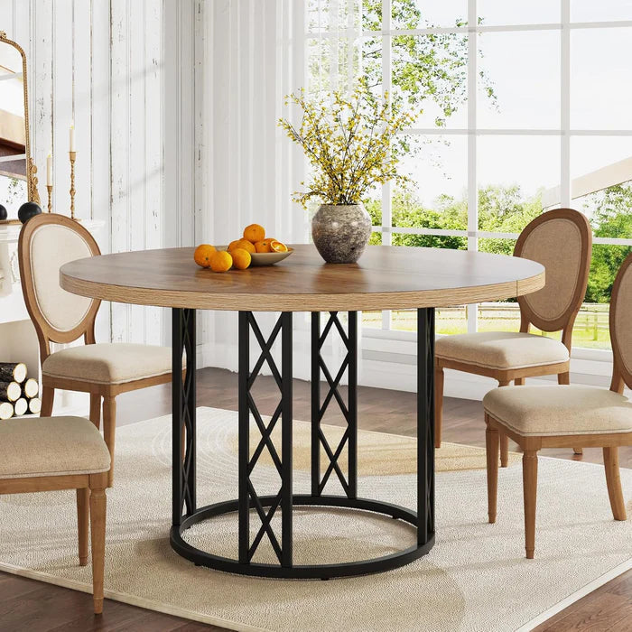 Industrial Round Dining Table - Rustic Wood Top with X-Frame Metal Pedestal Viridian HM Limited
