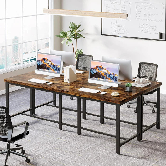 Industrial Extra-Long Double Desk - 2-Person Home Office Workstation with Black Metal Frame Viridian HM Limited