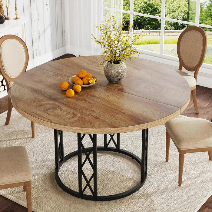 Industrial Round Dining Table - Rustic Wood Top with X-Frame Metal Pedestal Viridian HM Limited
