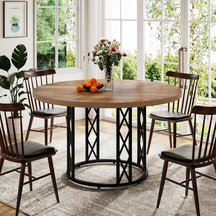 Industrial Round Dining Table - Rustic Wood Top with X-Frame Metal Pedestal Viridian HM Limited