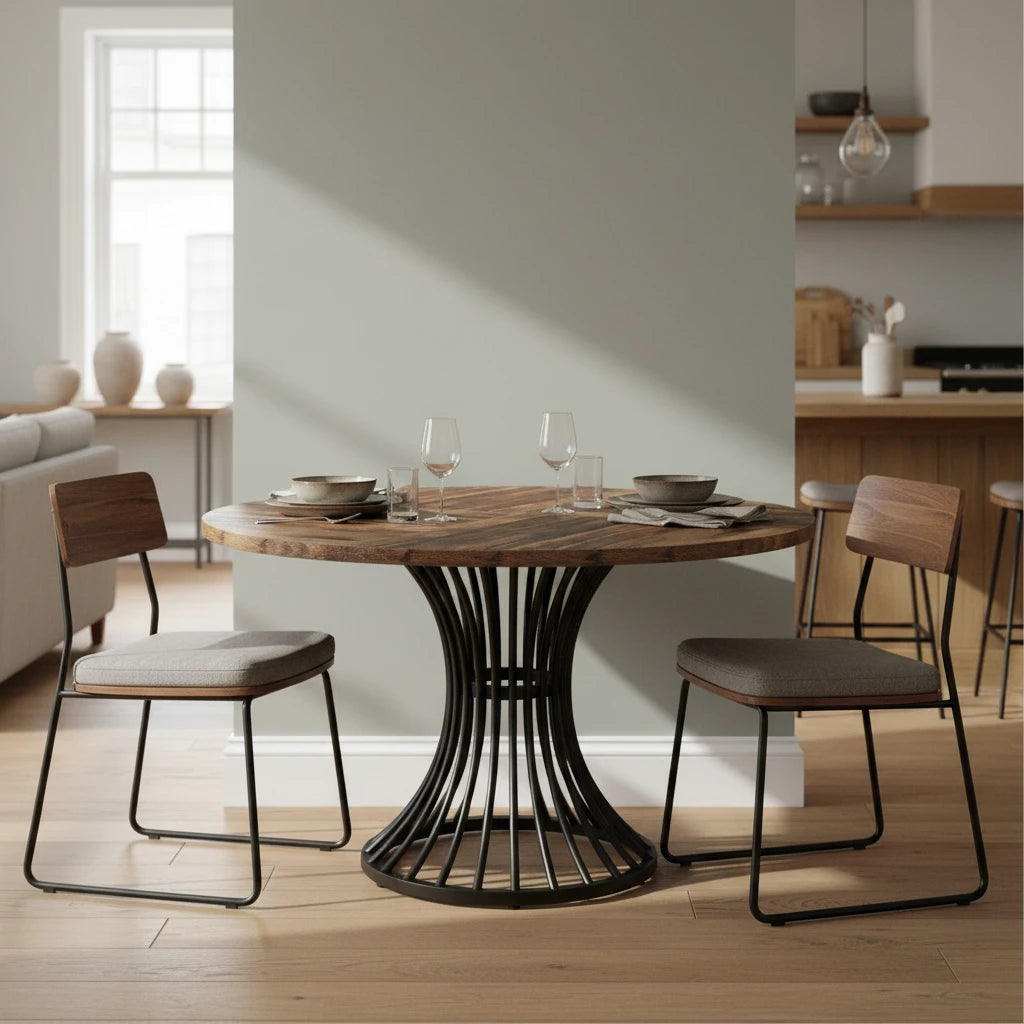 Modern Round Dining Table - Walnut Pedestal Base & Parquet Top