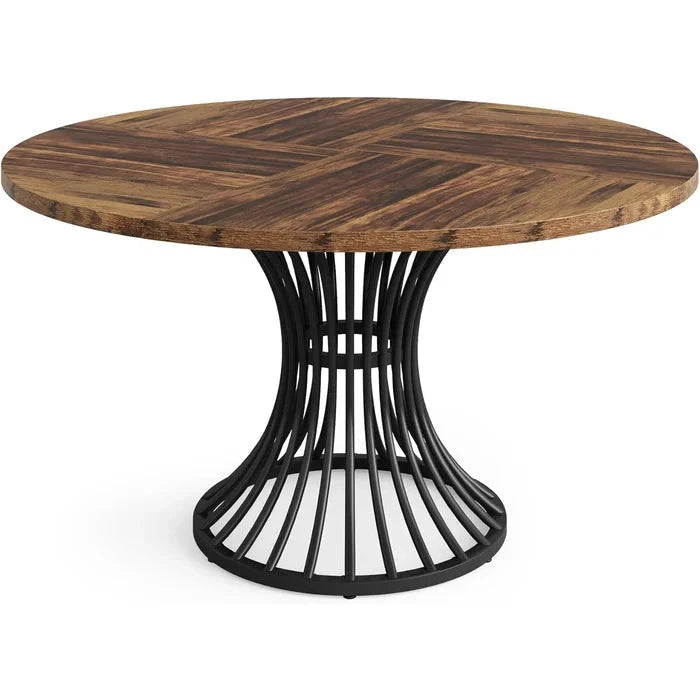 Modern Round Walnut Dining Table - Pedestal Base & Parquet Top Viridian HM Limited