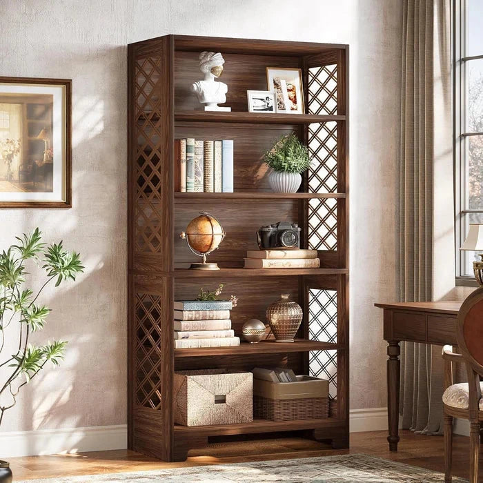 Classic Walnut 5-Tier Bookshelf - Traditional Library Display with Lattice Side Panels Viridian HM Limited