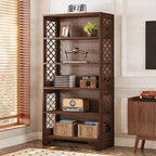 Classic Walnut 5-Tier Bookshelf - Traditional Library Display with Lattice Side Panels Viridian HM Limited