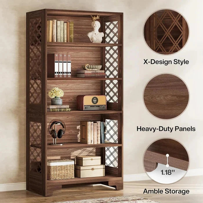 Classic Walnut 5-Tier Bookshelf - Traditional Library Display with Lattice Side Panels Viridian HM Limited