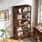 Classic Walnut 5-Tier Bookshelf - Traditional Library Display with Lattice Side Panels Viridian HM Limited