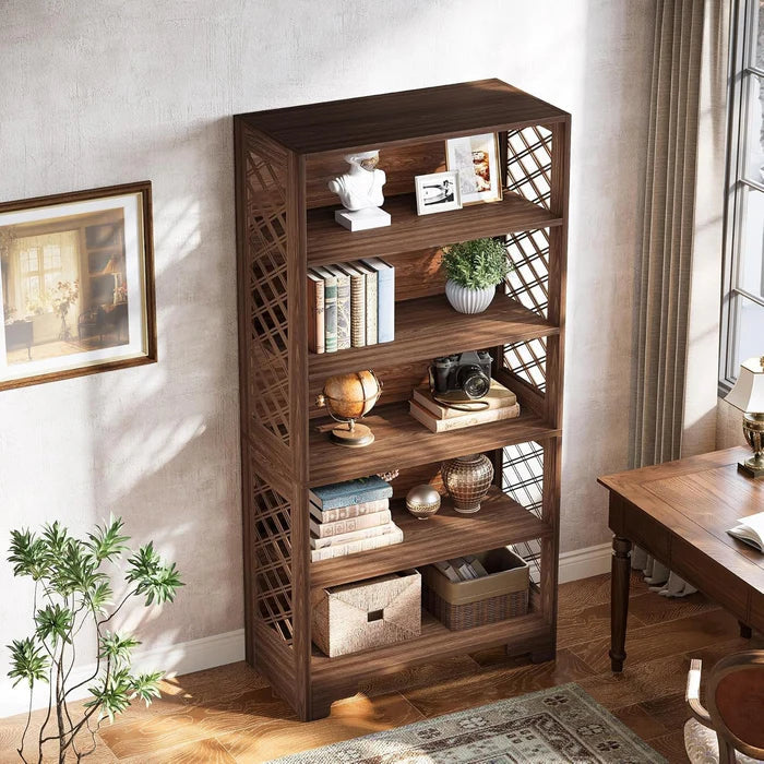 Classic Walnut 5-Tier Bookshelf - Traditional Library Display with Lattice Side Panels Viridian HM Limited