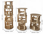 Three wooden rotating bookshelves in different heights, 45cm diameter, on white background