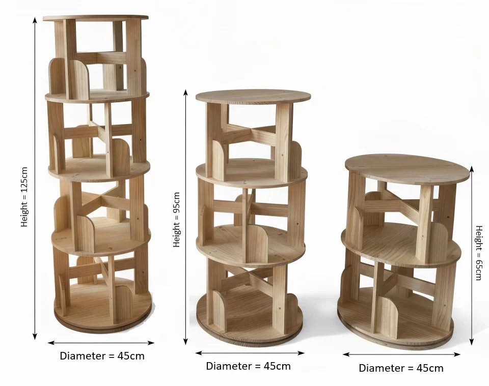 Three wooden rotating bookshelves in different heights, 45cm diameter, on white background